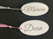 Load image into Gallery viewer, Personalised Oval shaped wedding name place favours
